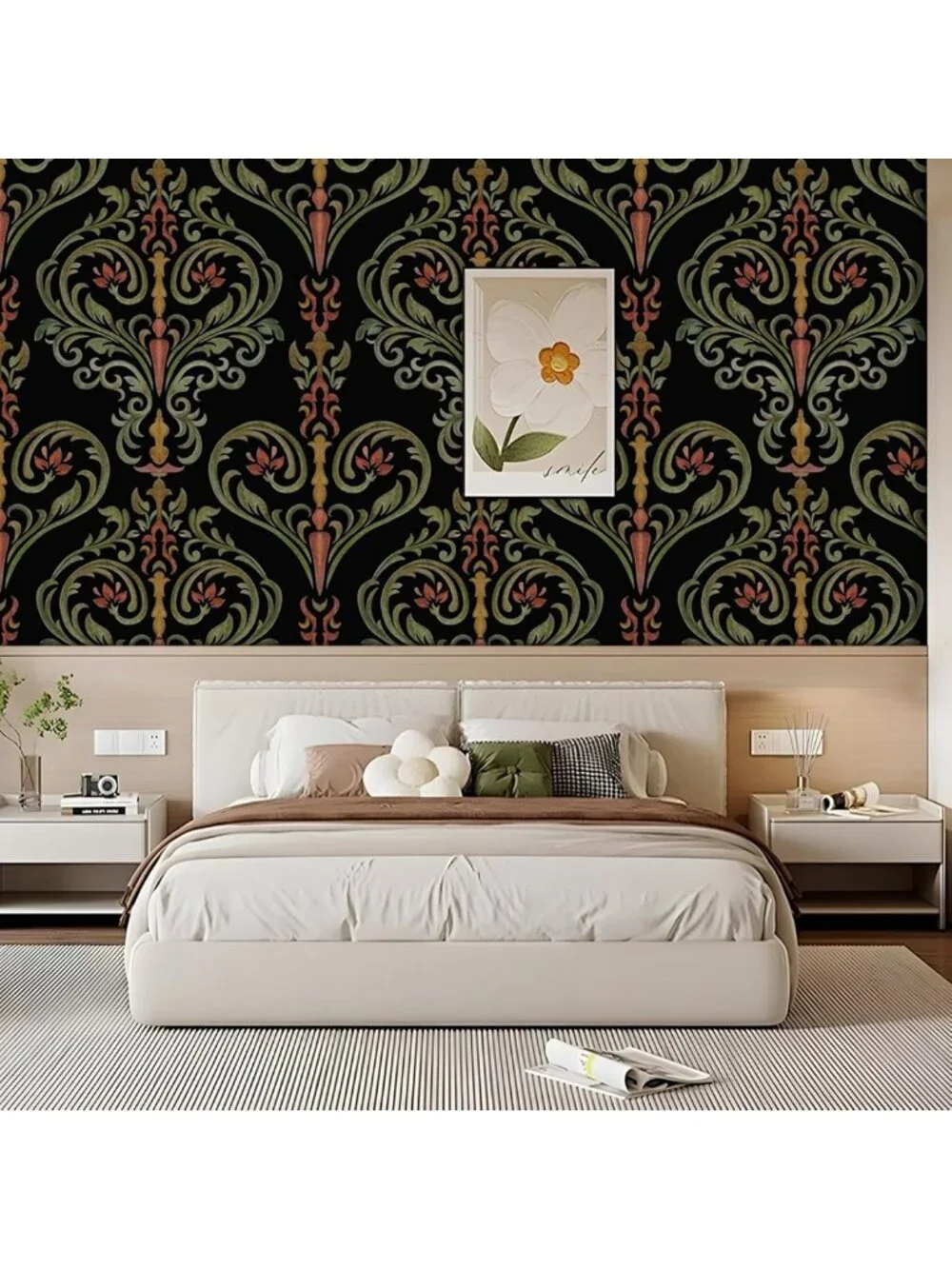 Boho Floral Peel and Stick Wallpaper - Vintage Botanical Red & Green Design